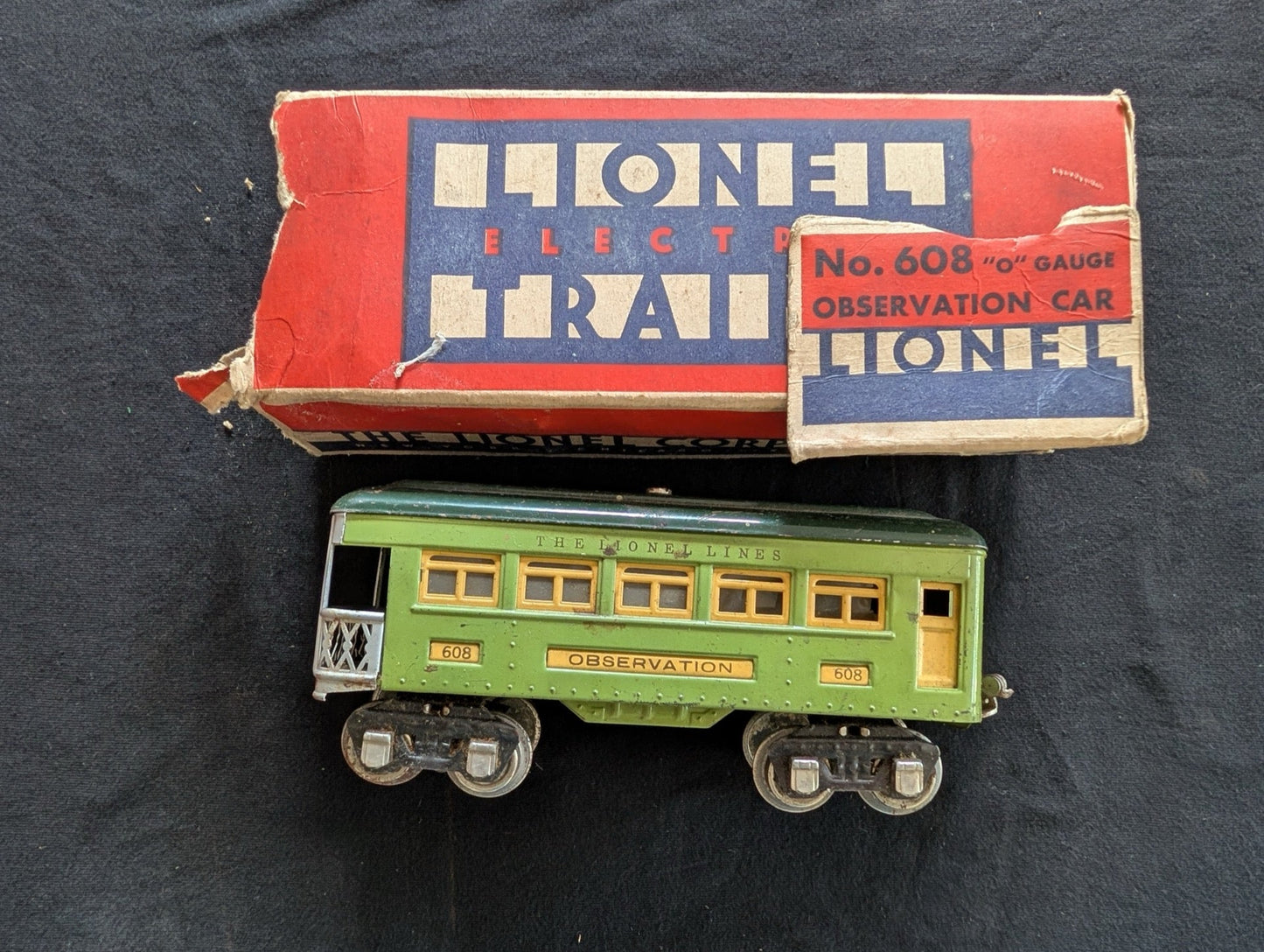 Lionel Pre-war O-Gauge #608 Observation Car Green Tinplate w/ Original Box 608