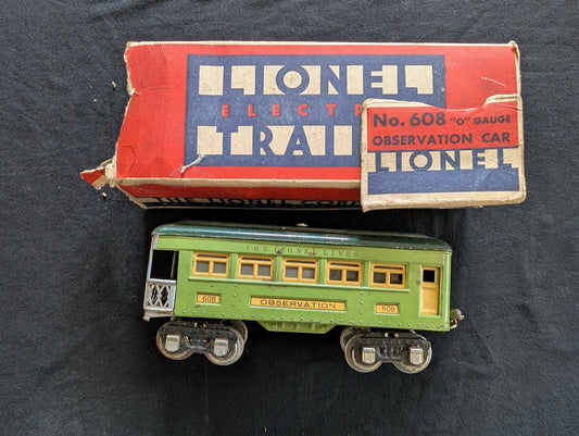Lionel Pre-war O-Gauge #608 Observation Car Green Tinplate w/ Original Box 608
