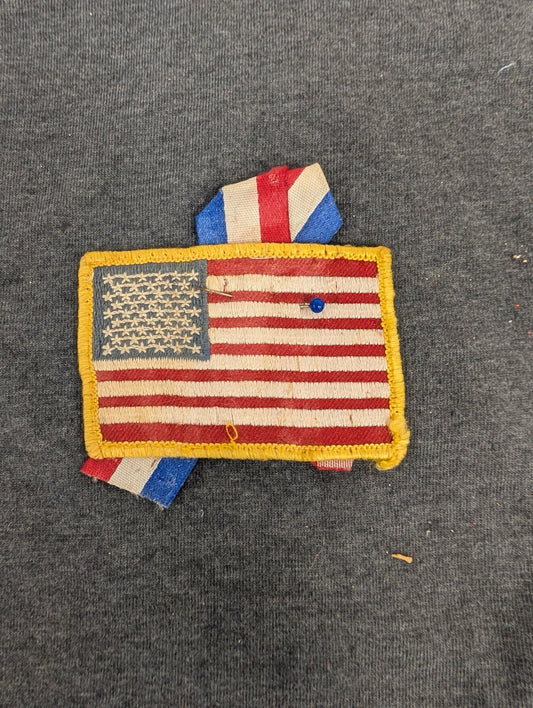 Vintage American Flag Patch with Ribbon Patriotic Pin Back USA Badge