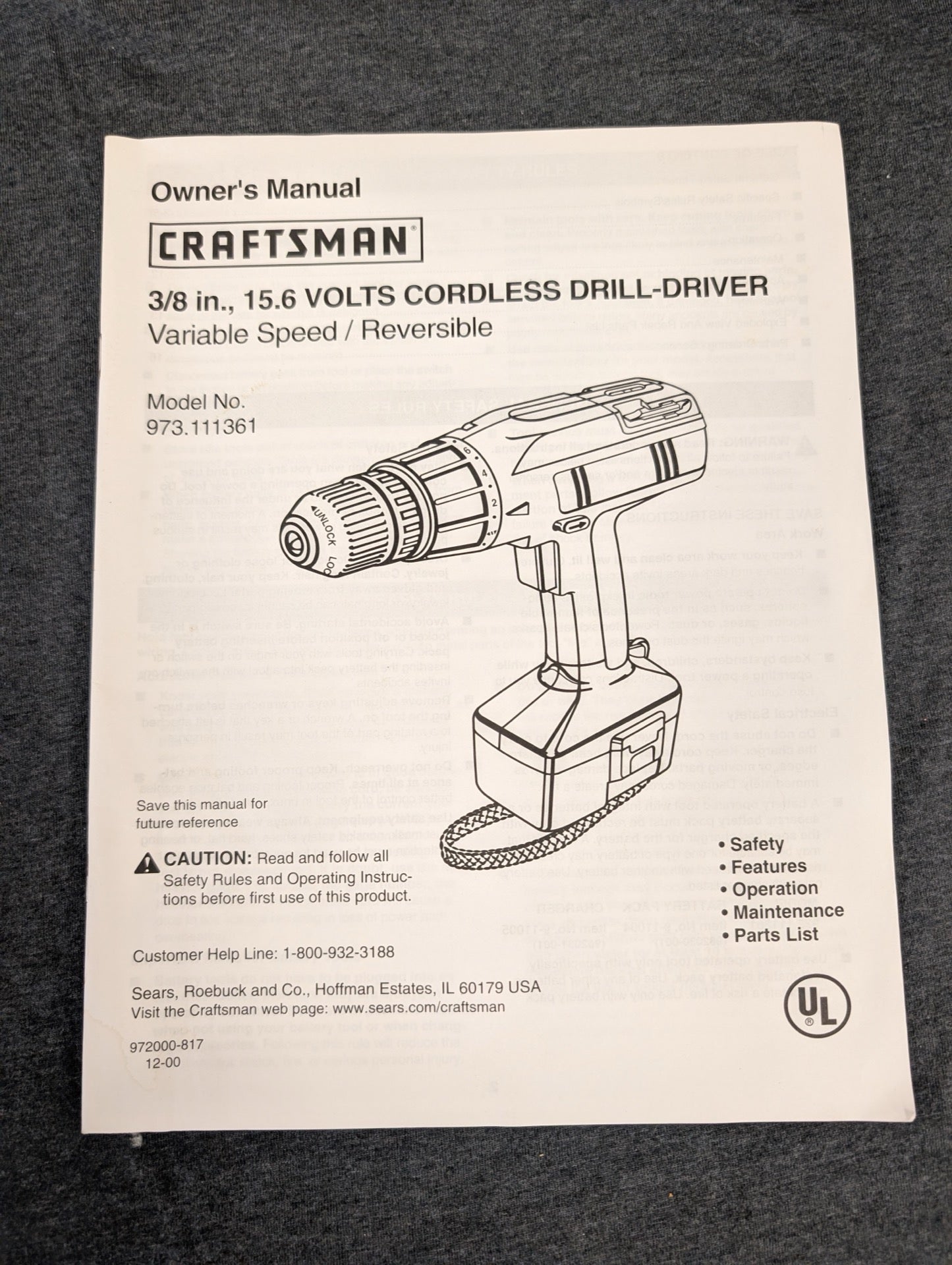 Craftsman 3/8 in 15.6V Cordless Drill-Driver 973.111361 Owner's Manual