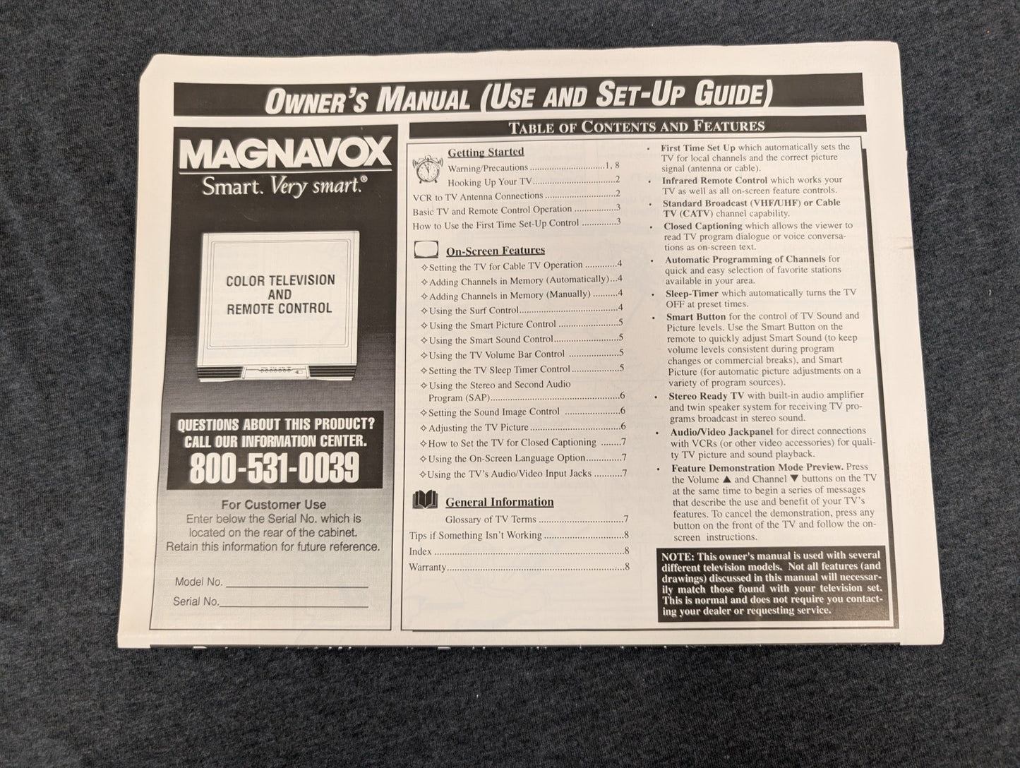 Magnavox Smart Very Smart Color TV & Remote Owner's Manual Set-Up Guide