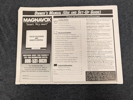 Magnavox Smart Very Smart Color TV & Remote Owner's Manual Set-Up Guide