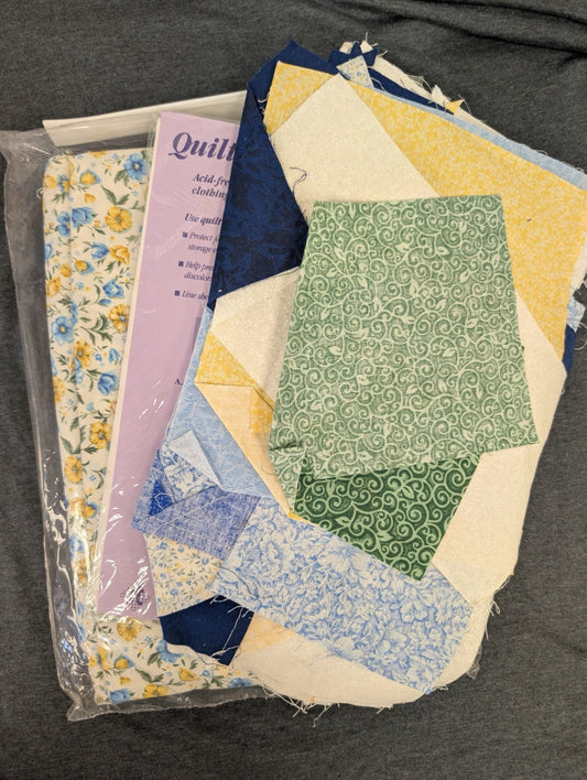Vintage Quilt Block Fabric Scraps Blue Yellow Floral Green Swirls Lot