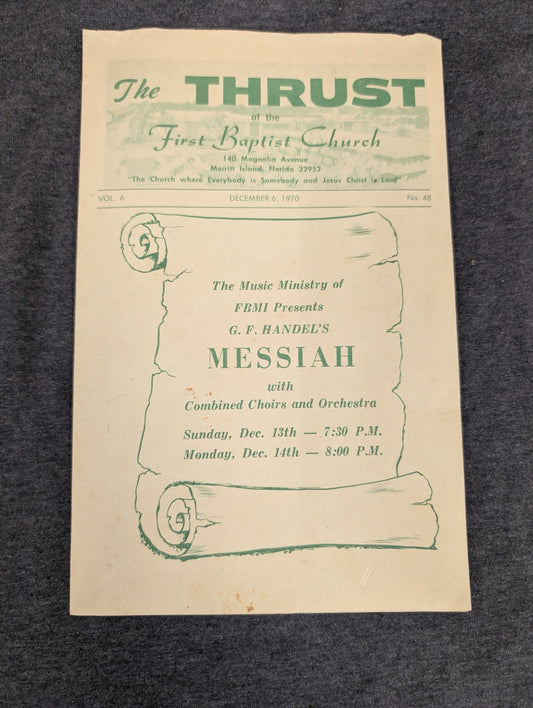 Vintage 1970 Church Bulletin - First Baptist Church Merritt Island FL - Handel
