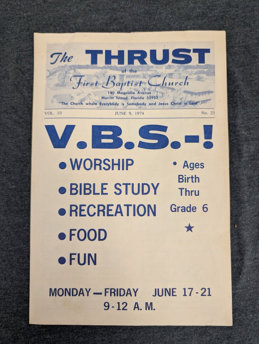 Vintage 1974 Church Bulletin - First Baptist Church Merritt Island FL - VBS