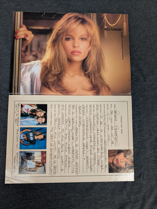 Pamela Anderson Miss February 1990 Playmate Data Sheet - Vintage Pinup Page