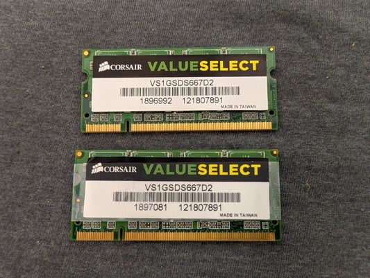 Corsair ValueSelect 2GB Kit (2x1GB) DDR2 667MHz PC2-5300 Laptop RAM SODIMM