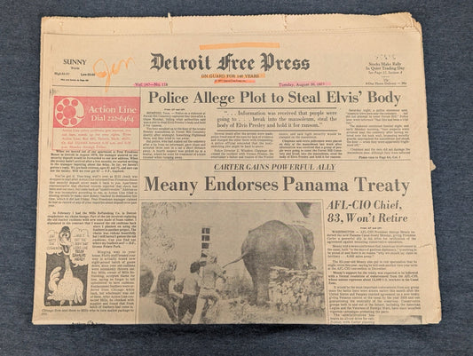Detroit Free Press Aug 30 1977 Plot to Steal Elvis Body Vintage Newspaper