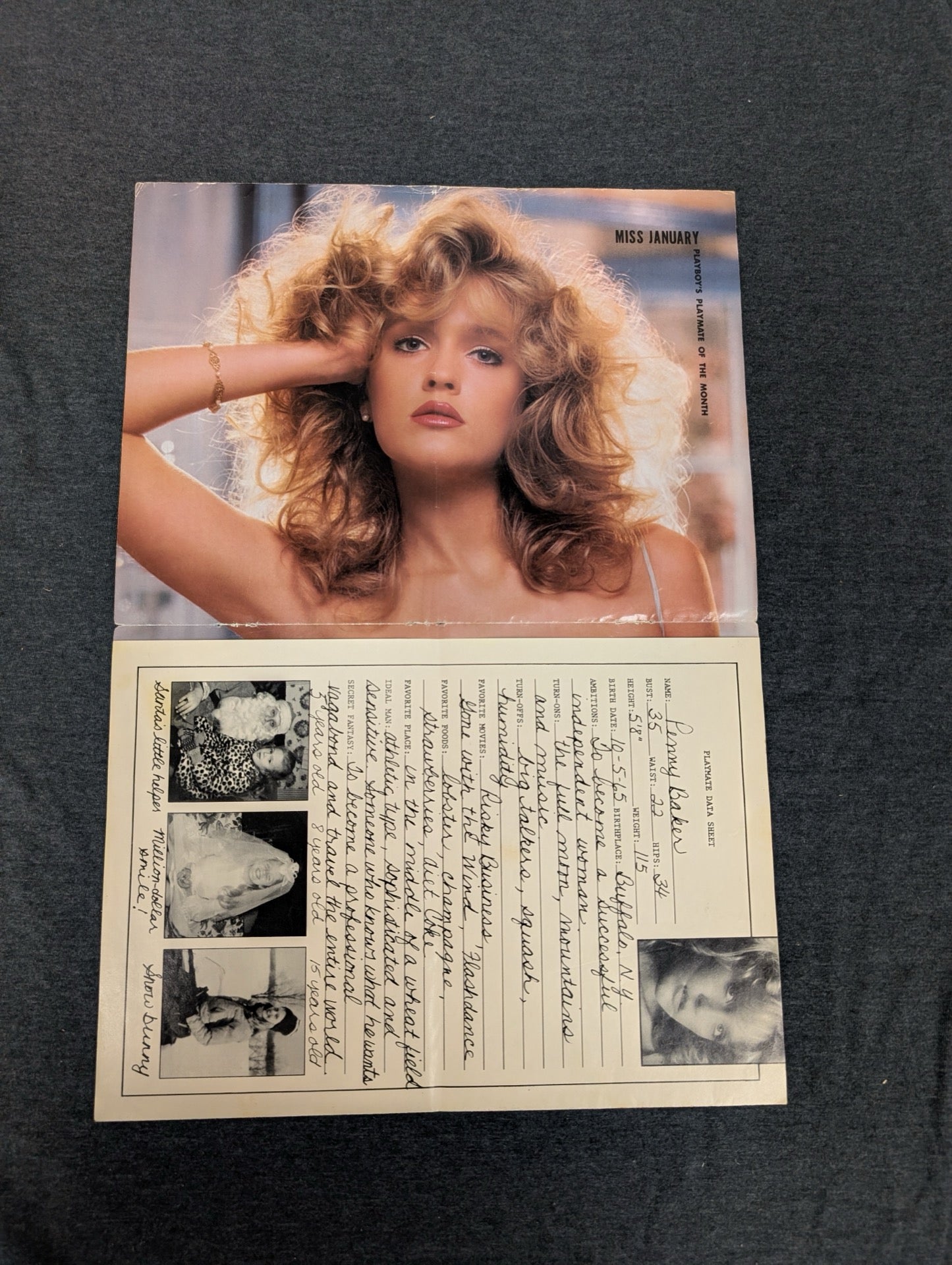 Vintage Playboy Centerfold Miss January 1984 Penny Baker Playmate Data Sheet
