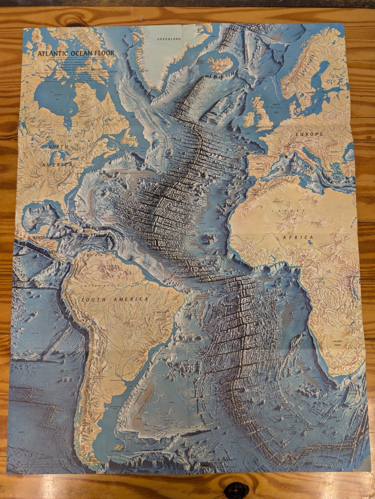 National Geographic Map Atlantic Ocean Floor June 1968 Vintage Tharp Heezen