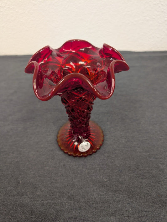 Vintage Ruby Red Glass Ruffled Hobnail Vase