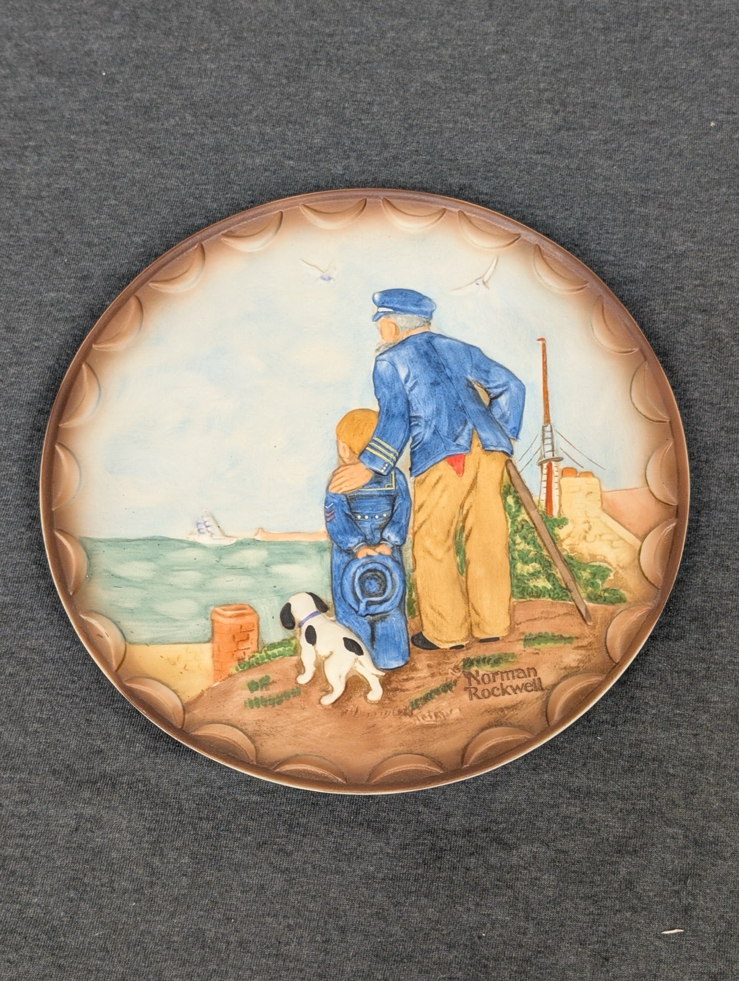 Norman Rockwell Looking Out To Sea 3D Bas-Relief Plate Vintage 1982 Ceramic