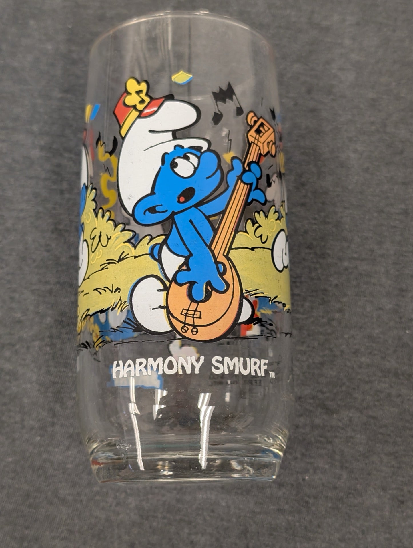 Vintage Hardee's Smurf Glass Harmony Smurf Playing Lute 1982 Peyo Cartoon