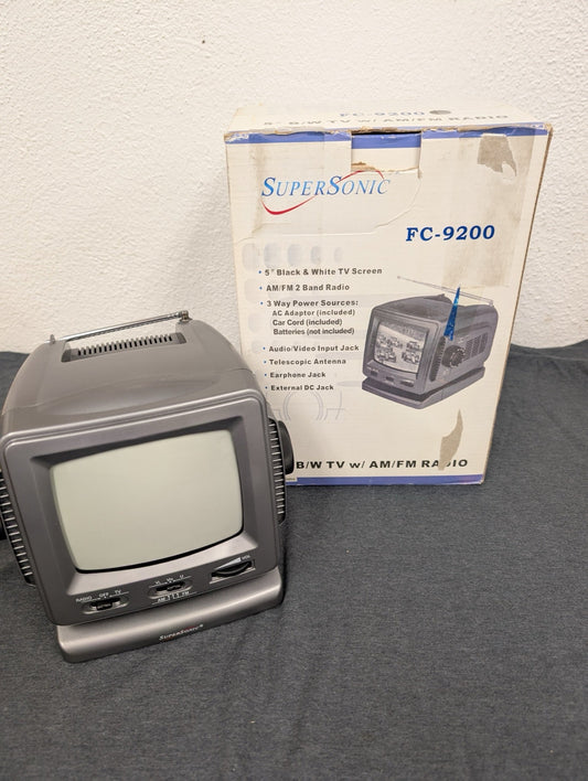 SuperSonic FC-9200 5" B/W Portable TV AM/FM Radio 3-Way Power Emergency Vintage