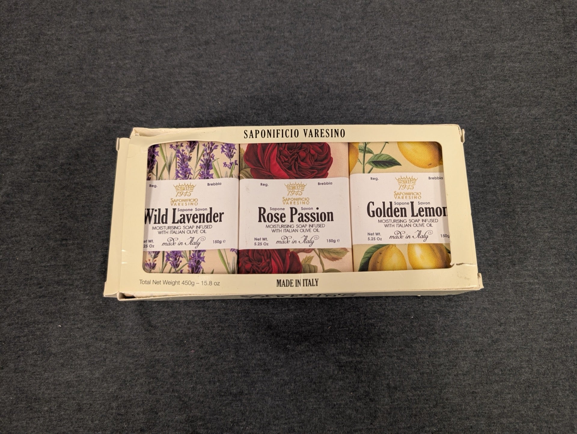 Saponificio Varesino 1945 Italian Soap Set Lavender Rose Lemon 3x150g Gift Box