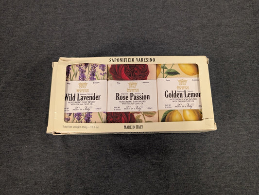 Saponificio Varesino 1945 Italian Soap Set Lavender Rose Lemon 3x150g Gift Box