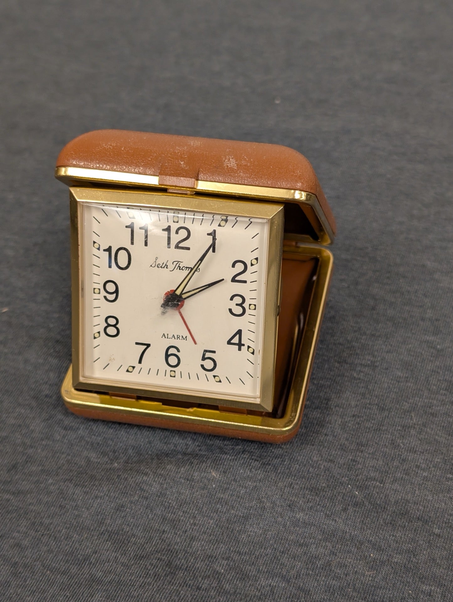 Vintage Seth Thomas Travel Alarm Clock Wind Up Analog Brown Folding Case