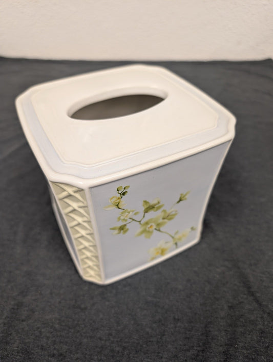 Vintage Ceramic Tissue Box Cover Square Blue Floral Orchid Lattice Design