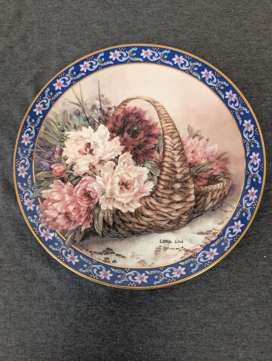 Lena Liu Peonies collector plate showing a basket of large pink and white blooms