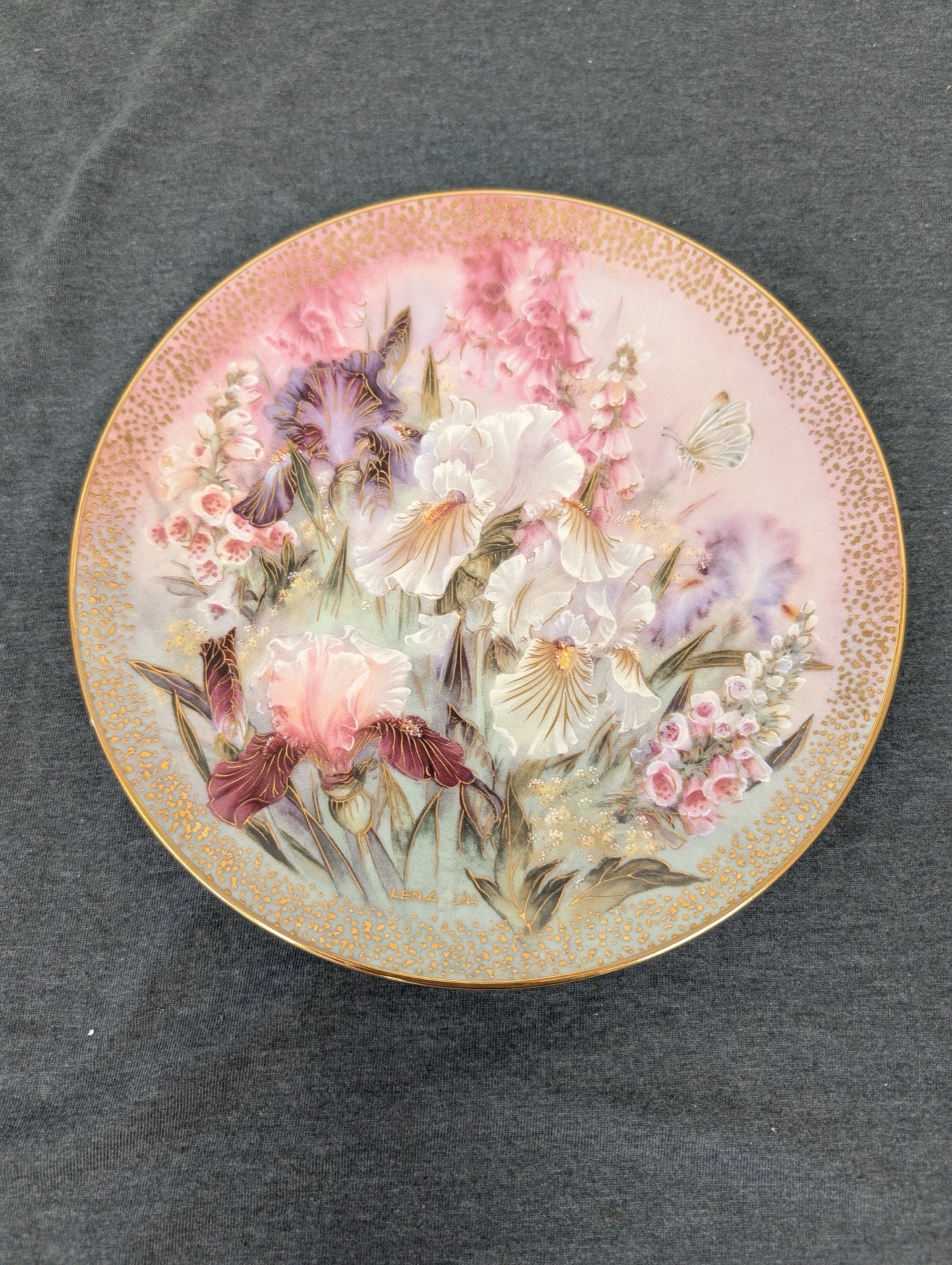Lena Liu Iris Quartet collector plate featuring irises, butterfly, and gold trim