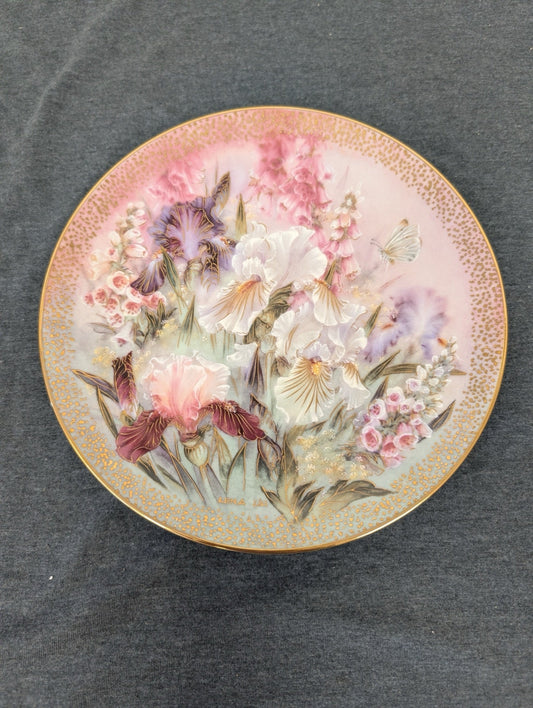 Lena Liu Iris Quartet collector plate featuring irises, butterfly, and gold trim