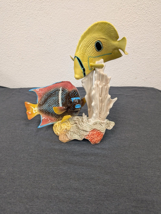 Yellow and blue/red tropical fish ceramic figurine swimming over coral reef by Goebel.