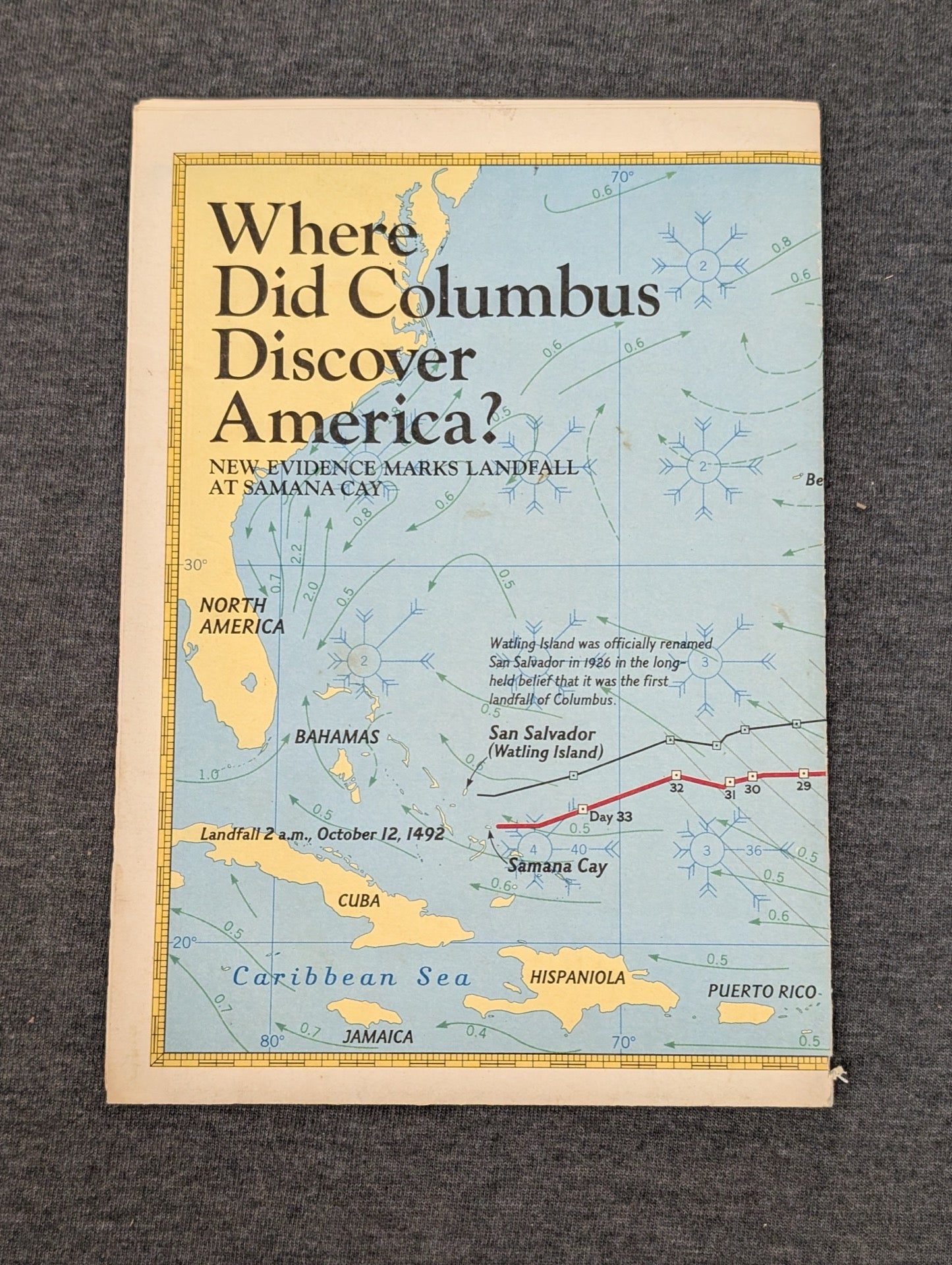 Vintage National Geographic map titled Where Did Columbus Discover America detailing Caribbean sea routes.