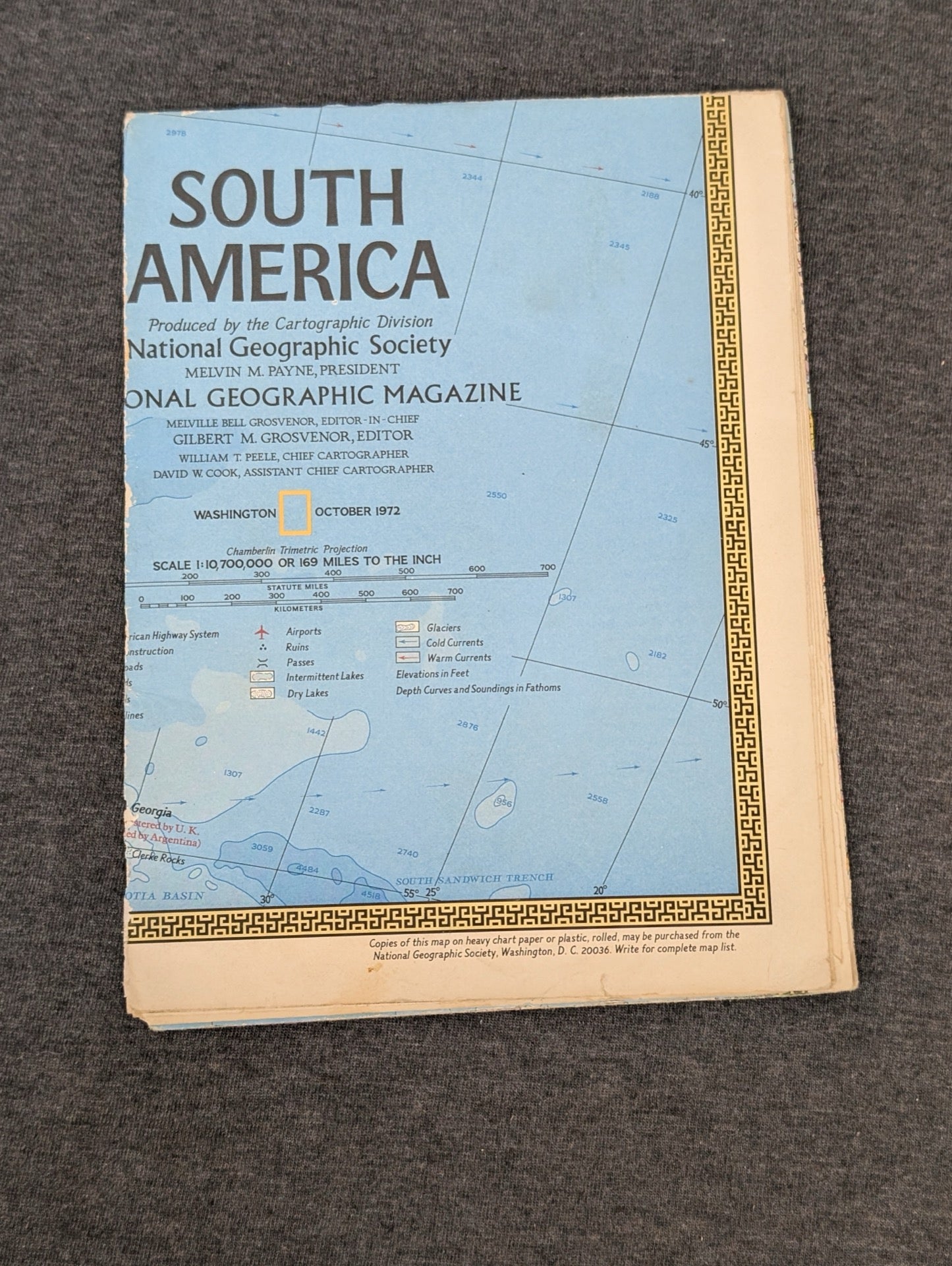 Folded vintage National Geographic South America map from October 1972 showing the title block.