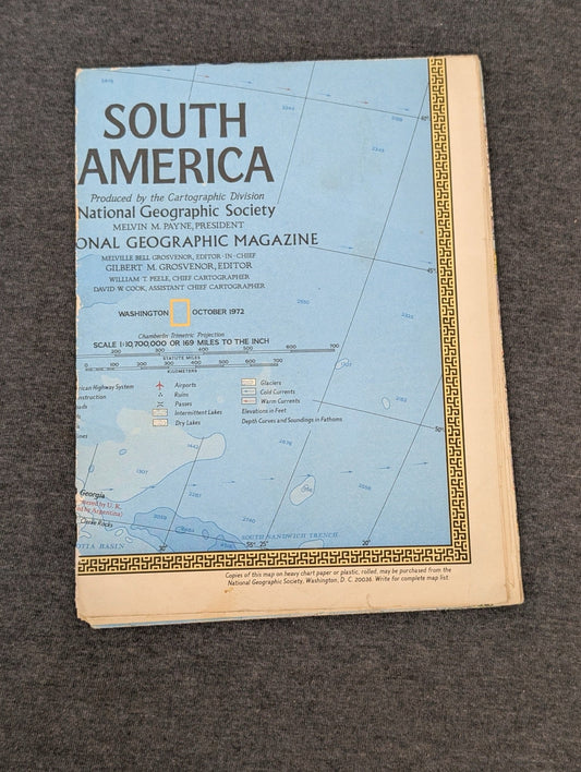 Folded vintage National Geographic South America map from October 1972 showing the title block.