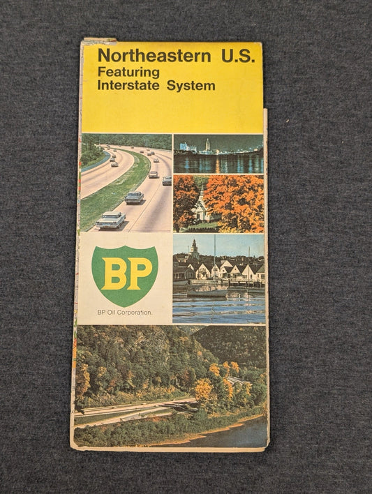 Vintage BP Oil Northeastern U.S. map featuring the interstate system and retro graphics.