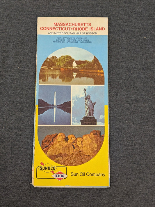 Vintage Sunoco map of Massachusetts, Connecticut, and Rhode Island.