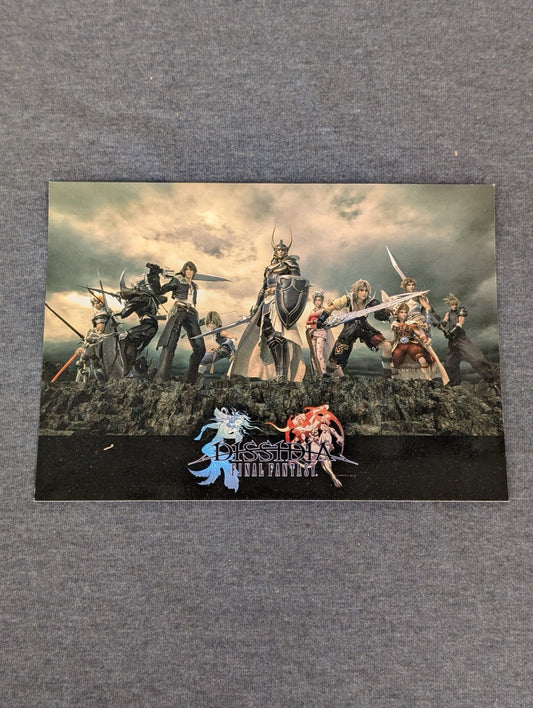 Dissidia Final Fantasy promotional postcard featuring numerous FF heroes