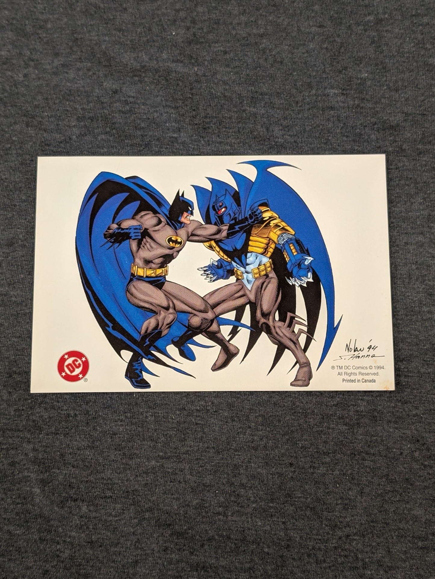 Vintage 1994 postcard showing Batman fighting Azrael Batman