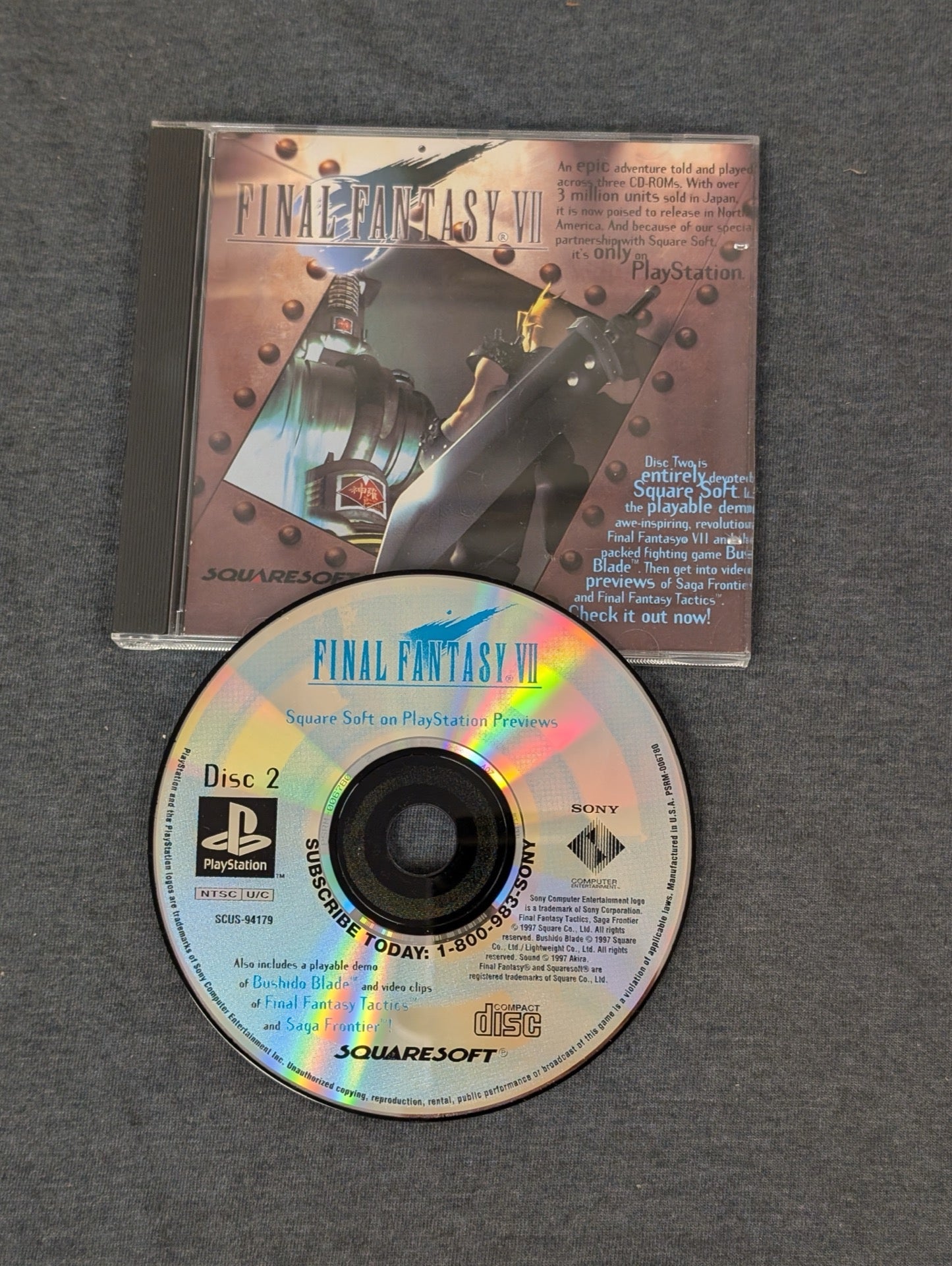 Square Soft on PlayStation Previews Disc 2 showing FF7 and game case back