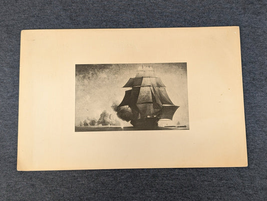 Vintage black and white print of a tall ship on the water.
