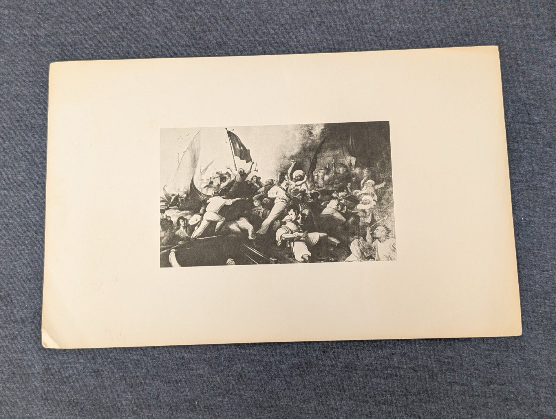 Vintage black and white print of a dramatic naval battle scene.