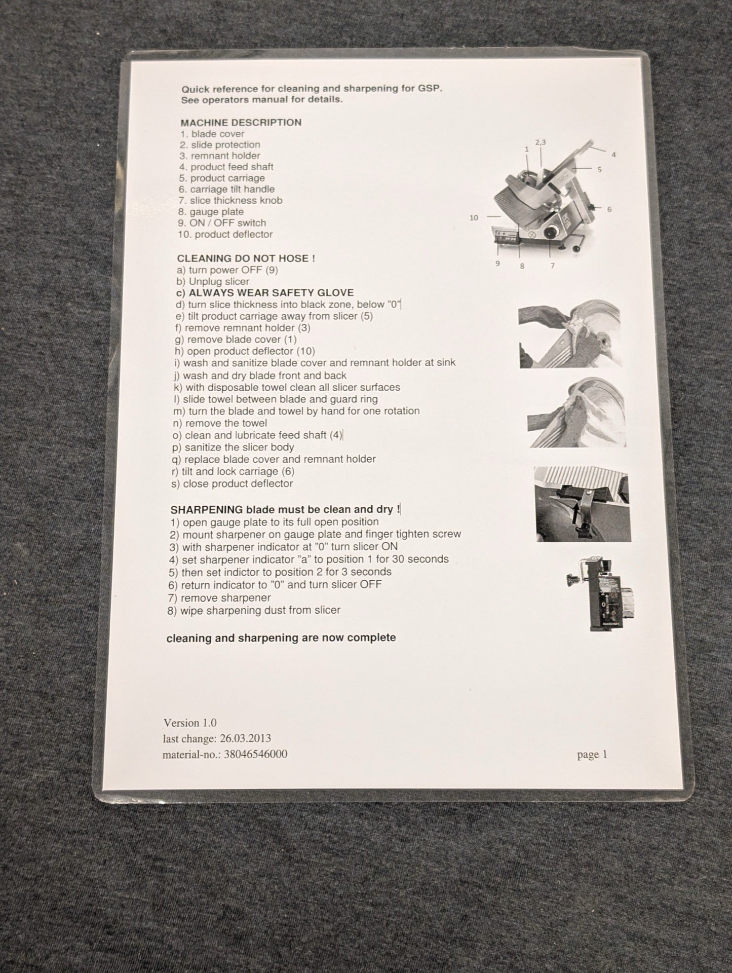 Bizerba Quick reference for cleaning and sharpening for GSP slicer.