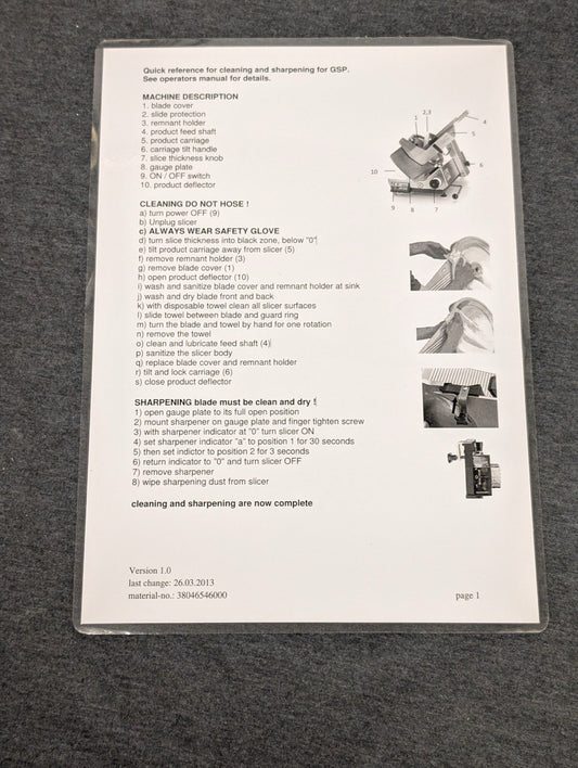 Bizerba Quick reference for cleaning and sharpening for GSP slicer.