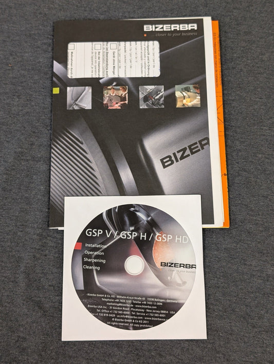 Bizerba manual and CD for GSP V, GSP H, and GSP HD slicers.