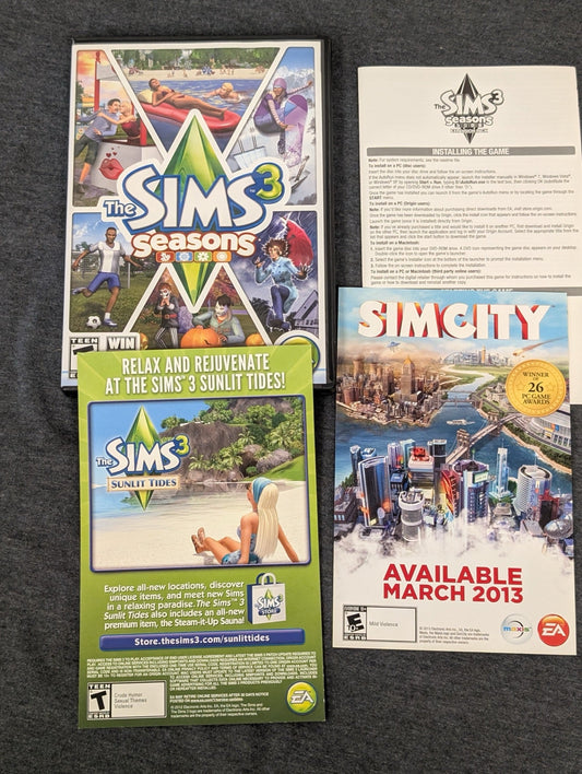 The Sims 3 Seasons empty PC game case with original promotional inserts. No game included.