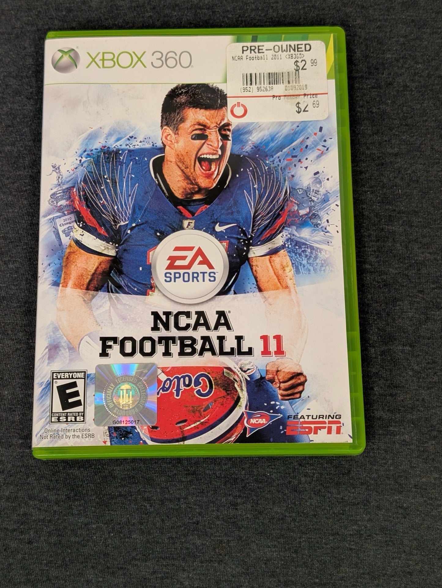 NCAA Football 11 empty Xbox 360 case featuring Tim Tebow. No game included.