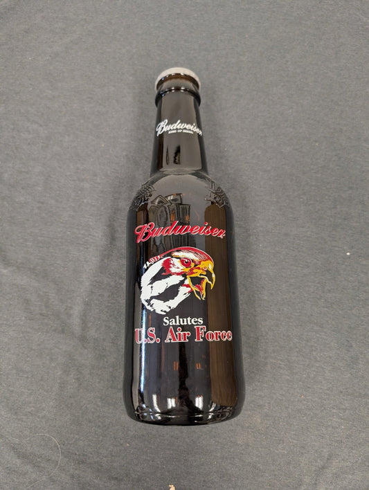 Dark glass Budweiser beer bottle with an eagle graphic saluting the US Air Force.