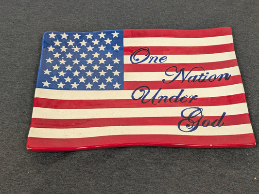Rectangular ceramic tray painted like an American flag with text One Nation Under God.