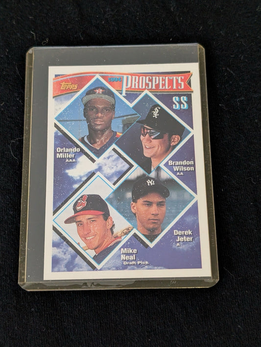 1993 Topps Derek Jeter #98 Prospects Rookie Card in protective sleeve.