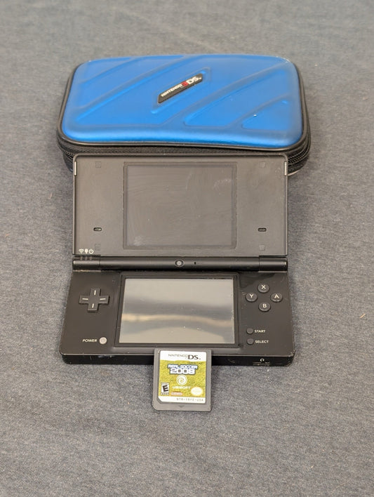 Black Nintendo DS Lite opened with blue case and Real Soccer 2008 game