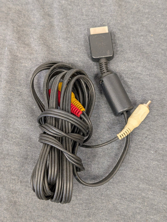 Black Sony PlayStation AV multi out cable coiled up