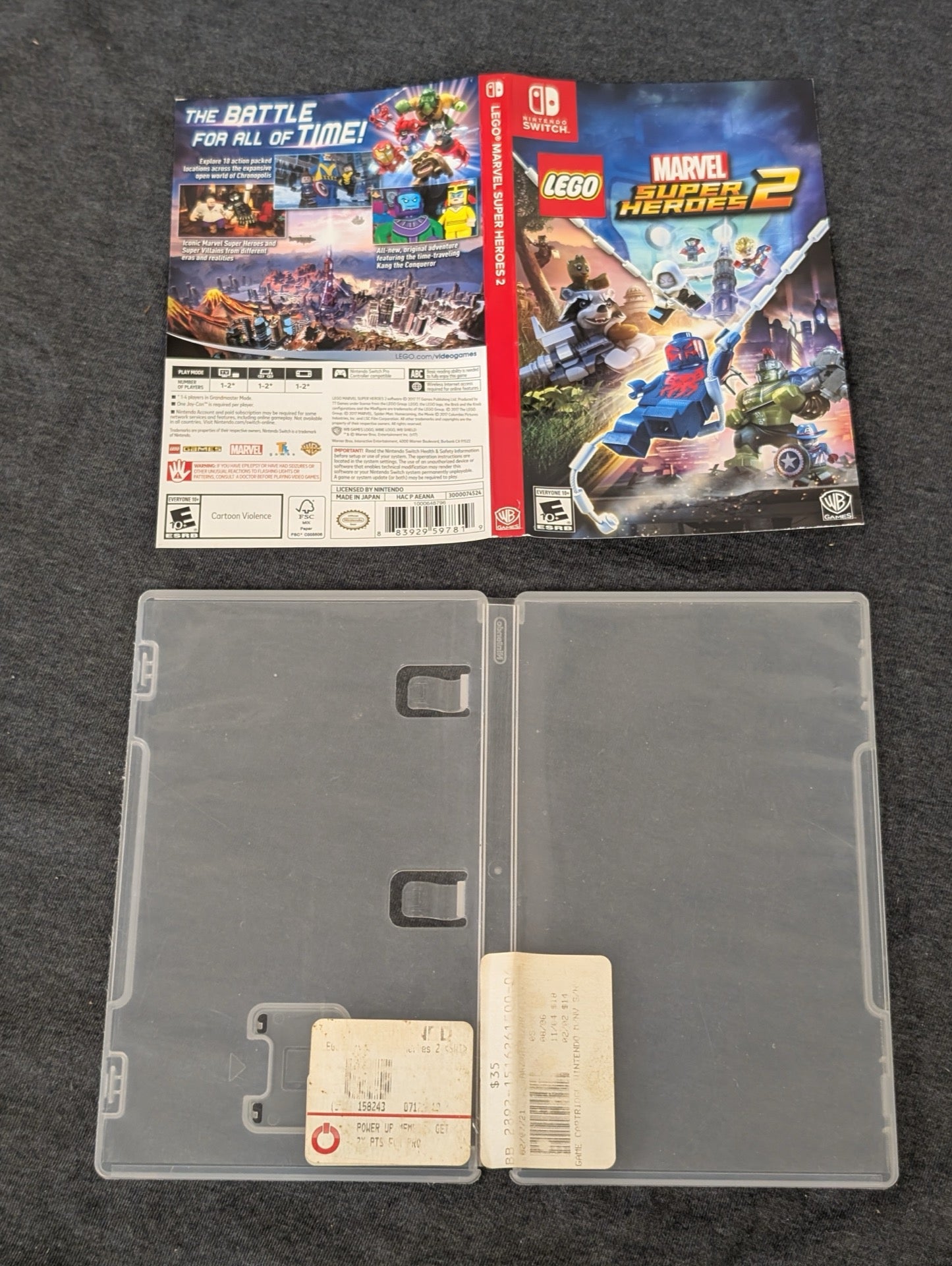 Empty LEGO Marvel Super Heroes 2 Switch case with rental stickers