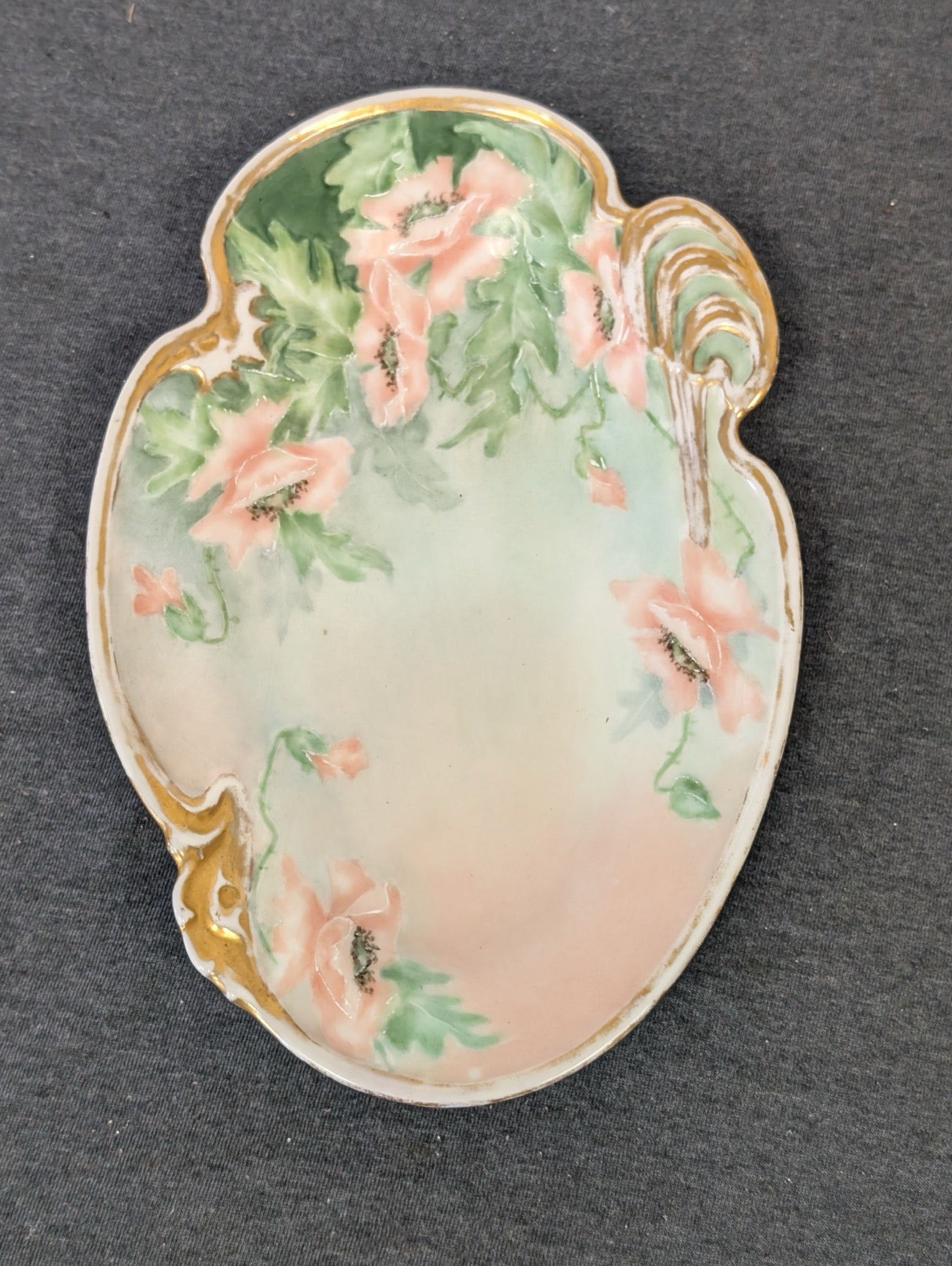 Vintage D&C France Limoges trinket dish with pink poppy flowers and gold scalloped edge