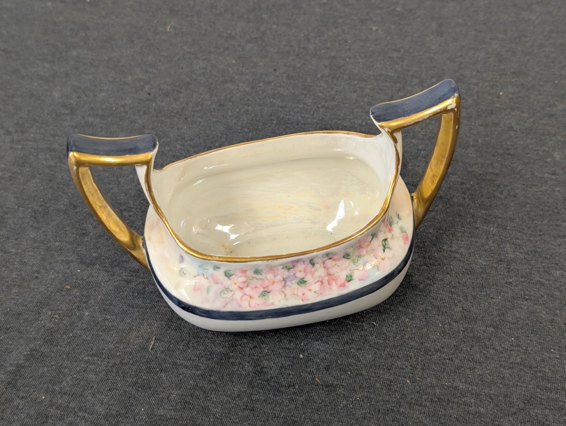Antique Paul Muller Selb Bavaria footed sugar bowl with pink flowers and gold handles
