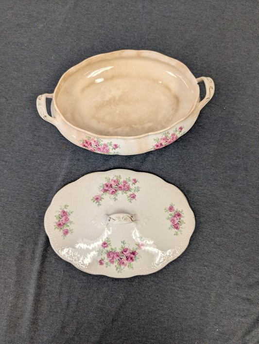 Vintage oval tureen with lid featuring pink rose pattern